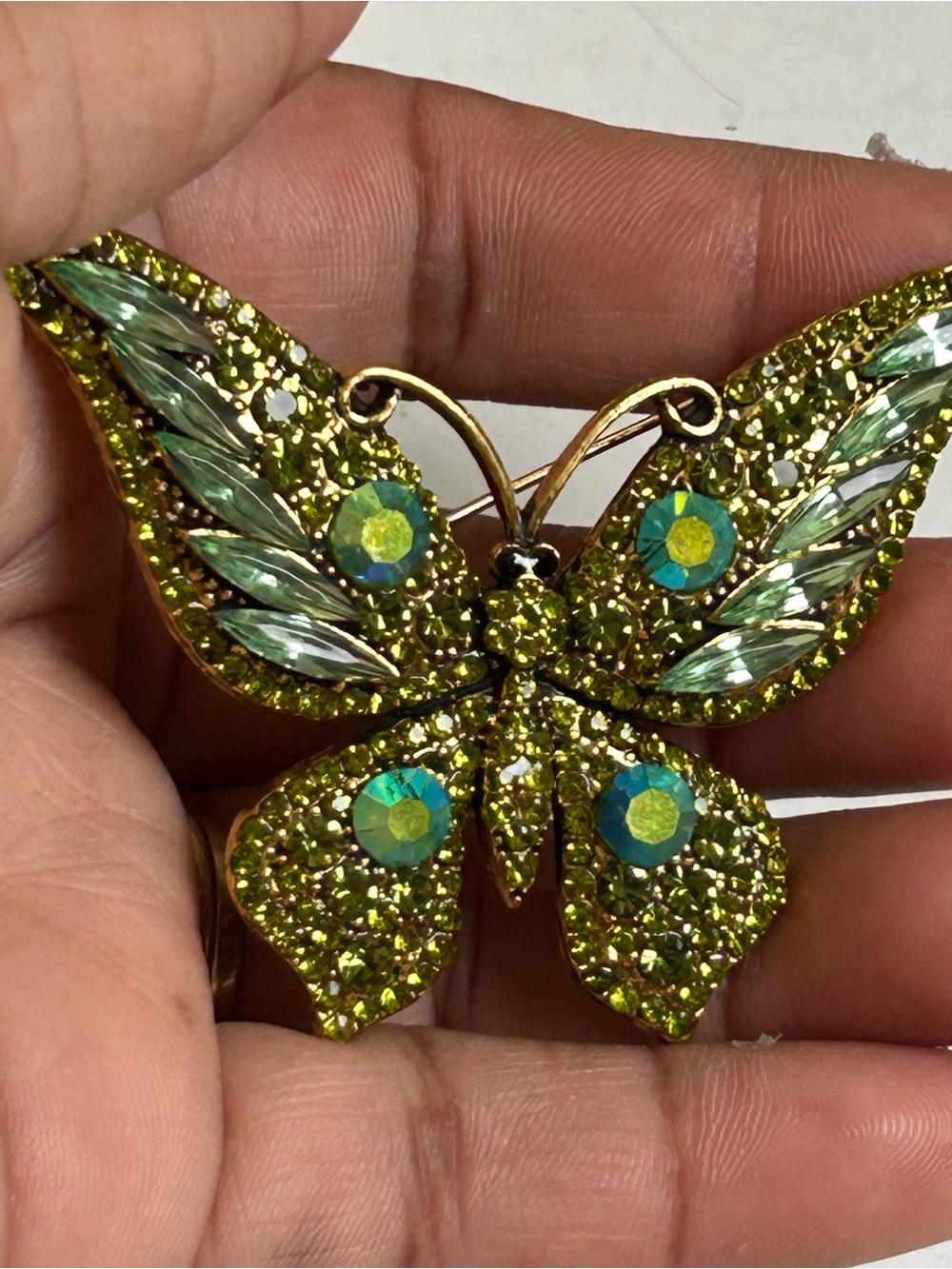 Green Crystal Butterfly Brooch - Unbranded